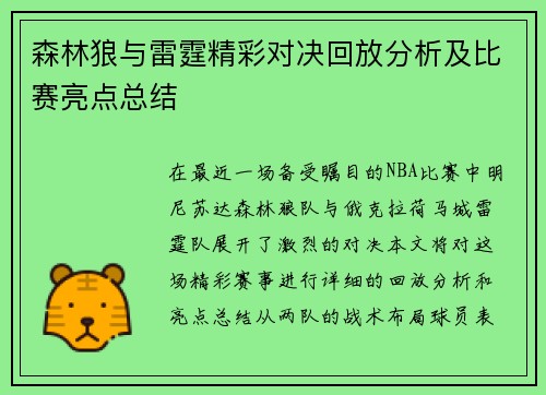 森林狼与雷霆精彩对决回放分析及比赛亮点总结